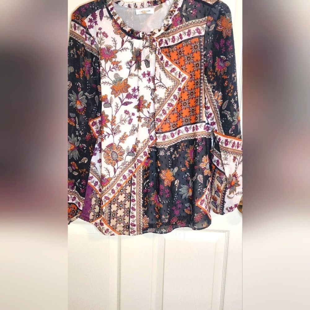 Calvin Klein M White Green Orange Lined Ruffles Neck Lngslv Women’s Top Blouse